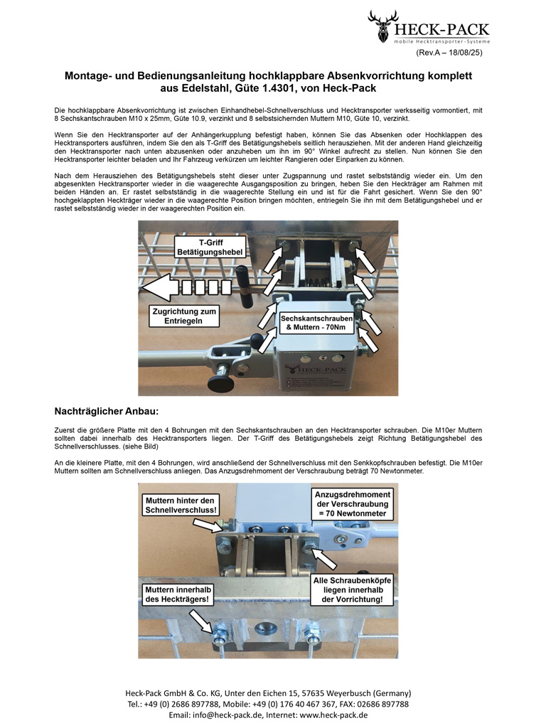 Hochklappbare Absenkvorrichtung