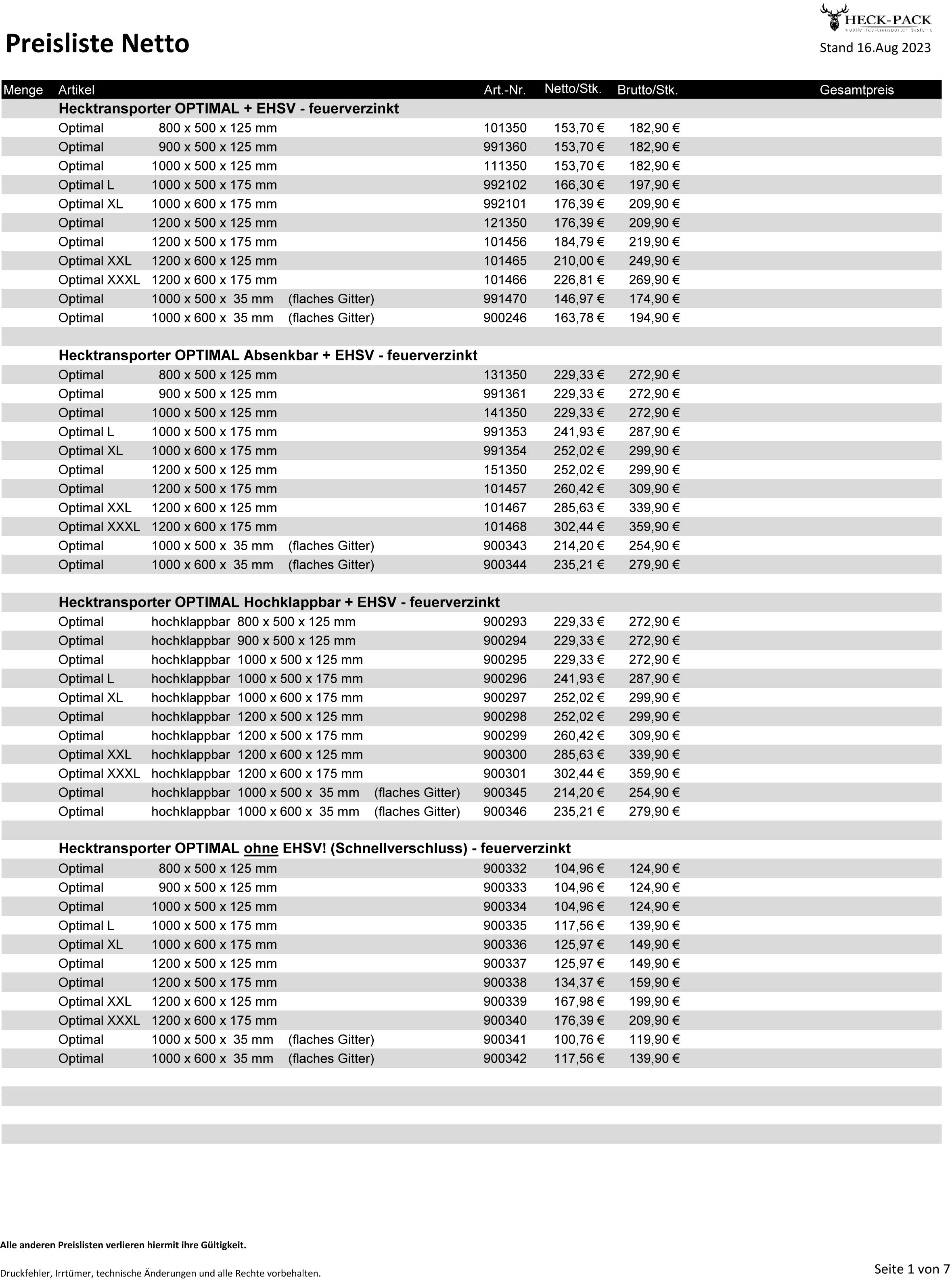 Preisliste mit Bruttopreisen